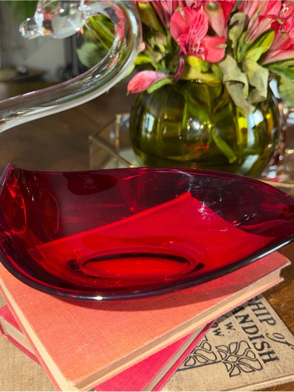 Ruby Red Glass Swan Accent Bowl - Home Accents
